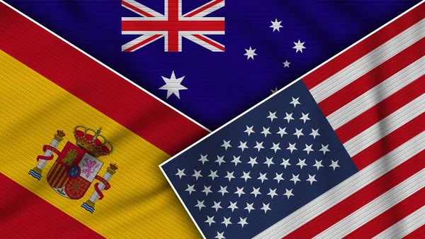 Australia United States America Spain Flags Together Fabric Texture Effect — 스톡 사진