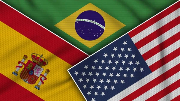 Brezilya Amerika Birleşik Devletleri Spanya Bayrakları Kumaş Doku Etkisi Llüstrasyonu — Stok fotoğraf