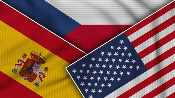 Csehország Amerikai Egyesült Államok Spanyolország Zászlók Együtt Szövet Textúra Hatás — Stock Fotó