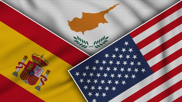 Ciprus Amerikai Egyesült Államok Spanyolország Zászlók Együtt Szövet Textúra Hatása — Stock Fotó