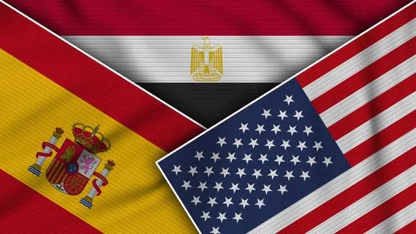 Egypt United States America Spain Flags Together Fabric Texture Effect — 스톡 사진