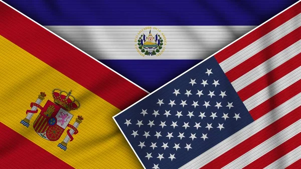 Salvador Vereinigte Staaten Von Amerika Spanien Flaggen Zusammen Textur Effekt — Stockfoto
