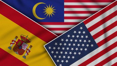 Malezya Amerika Birleşik Devletleri İspanya Bayrakları Bir arada Kumaş Doku Etkisi İllüstrasyonu