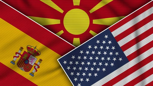 마케도니아 스페인 스페인 Flags Together Fabric Texture Effect Illustration — 스톡 사진