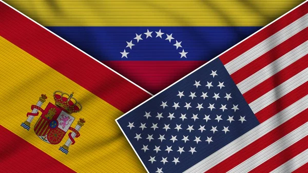 Venezuela Amerikai Egyesült Államok Spanyolország Zászlók Együtt Szövet Textúra Hatása — Stock Fotó