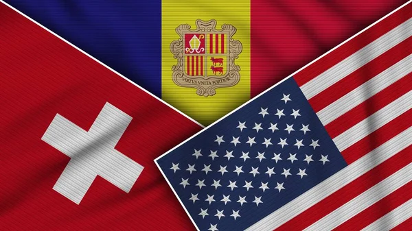 Andorra Stati Uniti America Svizzera Bandiere Insieme Tessuto Texture Effect — Foto Stock