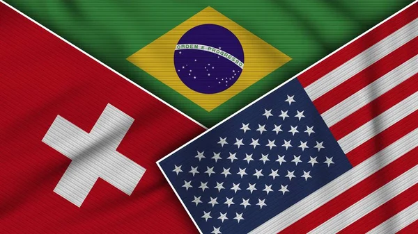 Brasil Estados Unidos América Suíça Bandeiras Juntas Ilustração Efeito Textura — Fotografia de Stock