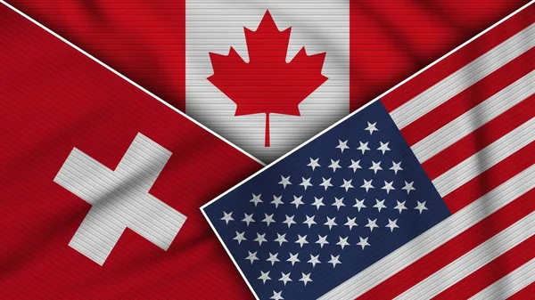 加拿大美利坚合众国瑞士国旗一起织物纹理效果说明 — 图库照片