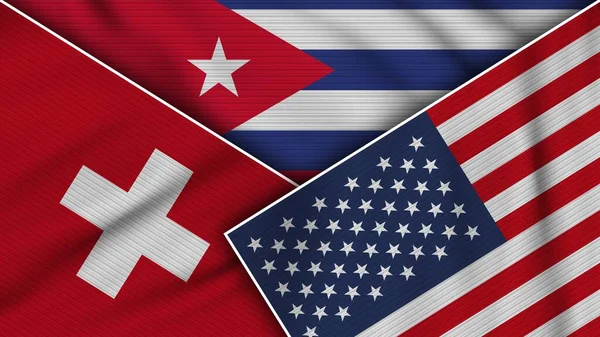 Cuba Estados Unidos América Suíça Bandeiras Juntas Efeito Textura Tecido — Fotografia de Stock