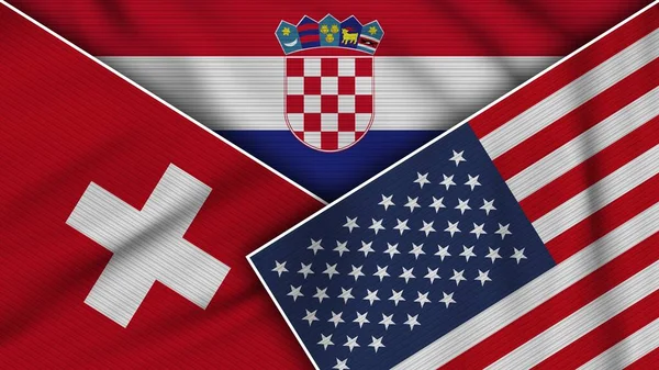 Croatia United States America Switzerland Flags Together Fabric Texture Effect — Stock Photo, Image