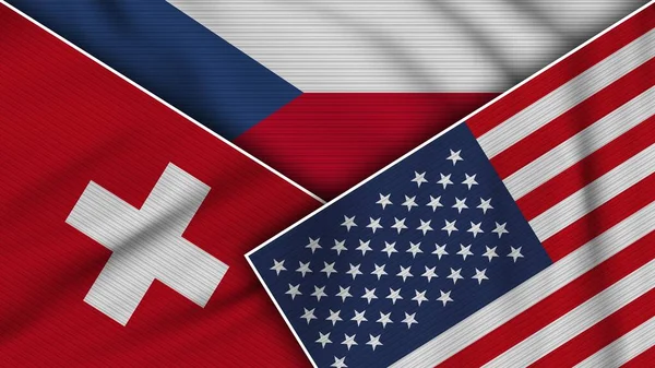 República Checa Estados Unidos América Suiza Banderas Juntos Textura Tela — Foto de Stock