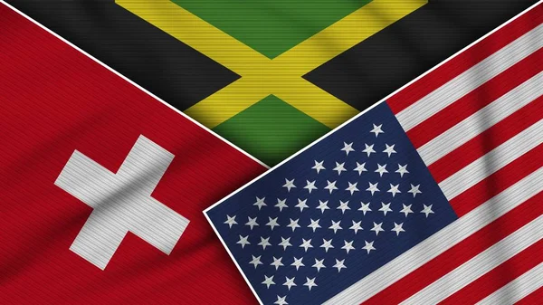 Jamaica Amerikas Förenta Stater Schweiz Flaggor Tillsammans Tyg Textur Effekt — Stockfoto