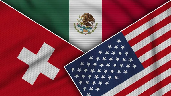 Mexico United States America Switzerland Flags Together Fabric Texture Effect — Stock Photo, Image