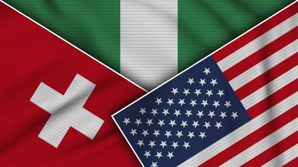 尼日利亚美利坚合众国瑞士国旗一起织物纹理效果说明 — 图库照片