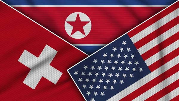 Nordkorea Vereinigte Staaten Von Amerika Schweiz Fahnen Zusammen Stoff Textur — Stockfoto