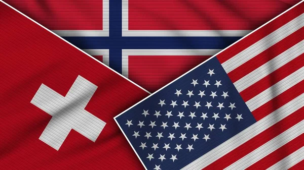 Norsko Spojené Státy Americké Switzerland Flags Together Fabric Texture Effect — Stock fotografie
