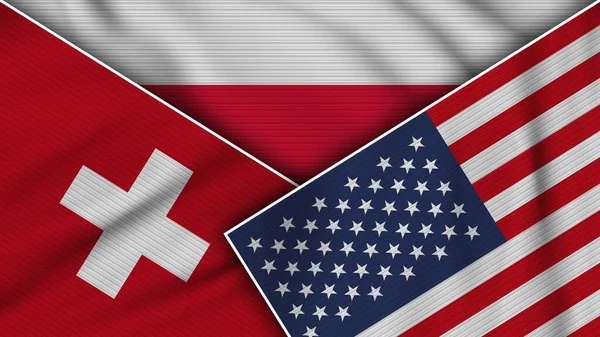 波兰美利坚合众国瑞士国旗一起织物纹理效果说明 — 图库照片