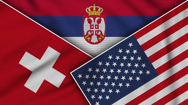 Serbia Stati Uniti America Svizzera Bandiere Insieme Tessuto Texture Effect — Foto Stock