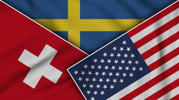 Švédsko Spojené Státy Americké Switzerland Flags Together Fabric Texture Effect — Stock fotografie