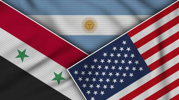 Argentina Stati Uniti America Siria Bandiere Insieme Tessuto Texture Effect — Foto Stock