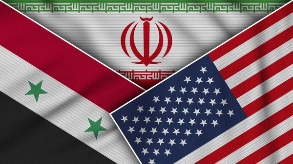Irã Estados Unidos América Síria Bandeiras Juntas Tela Textura Efeito — Fotografia de Stock