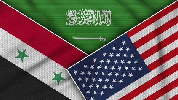 Arabia Saudita Stati Uniti America Siria Bandiere Insieme Tessuto Texture — Foto Stock