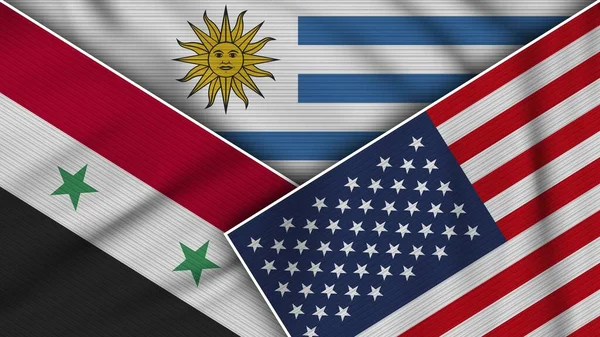 Uruguay Stati Uniti America Siria Bandiere Insieme Tessuto Texture Effetto — Foto Stock