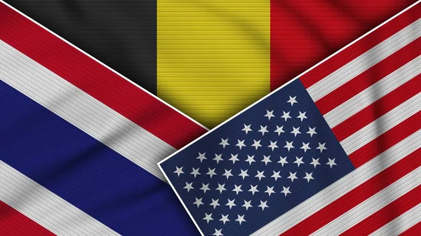 Belgien Vereinigte Staaten Von Amerika Thailand Fahnen Zusammen Stoff Textur — Stockfoto