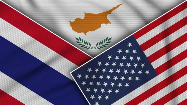 Chipre Estados Unidos América Tailândia Bandeiras Juntas Efeito Textura Tecido — Fotografia de Stock