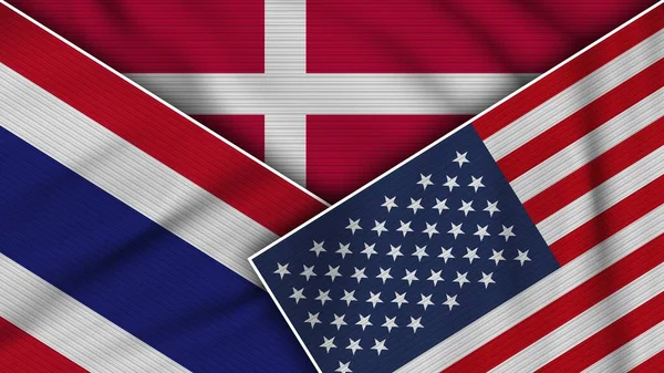 Dinamarca Estados Unidos América Tailândia Bandeiras Juntas Efeito Textura Tecido — Fotografia de Stock