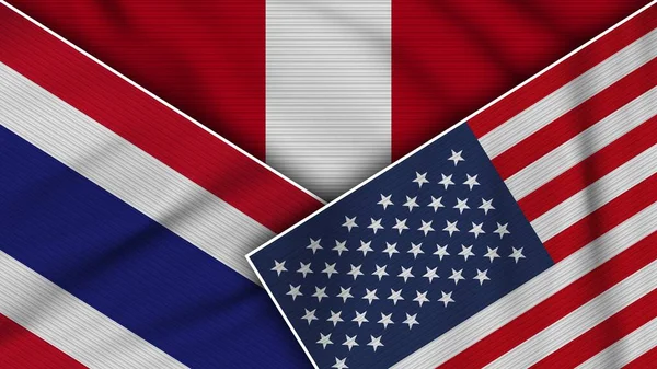 Peru Vereinigte Staaten Von Amerika Thailand Fahnen Zusammen Stoff Textur — Stockfoto