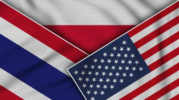 Polska Stany Zjednoczone Ameryki Tajlandia Flagi Razem Efekt Tekstury Tkaniny — Zdjęcie stockowe