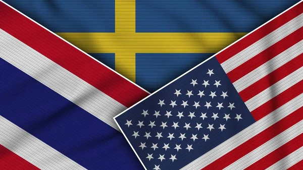 Sverige Usa Thailand Flaggor Tillsammans Tyg Textur Effekt Illustration — Stockfoto