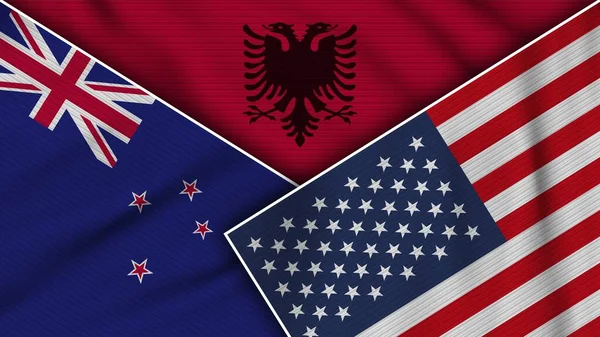 Albania Estados Unidos América Banderas Nueva Zelanda Juntos Textura Tela — Foto de Stock
