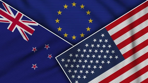 Europäische Union Vereinigte Staaten Von Amerika Neuseeland Flaggen Zusammen Stoff — Stockfoto