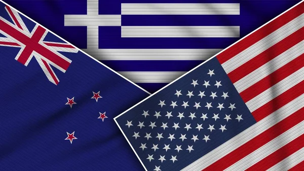 Görögország Amerikai Egyesült Államok Zéland Flags Together Fabric Texture Effect — Stock Fotó