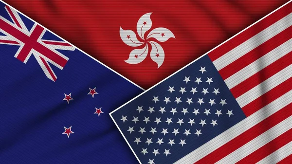 Hong Kong Amerika Birleşik Devletleri Yeni Zelanda Bayrakları Kumaş Doku — Stok fotoğraf