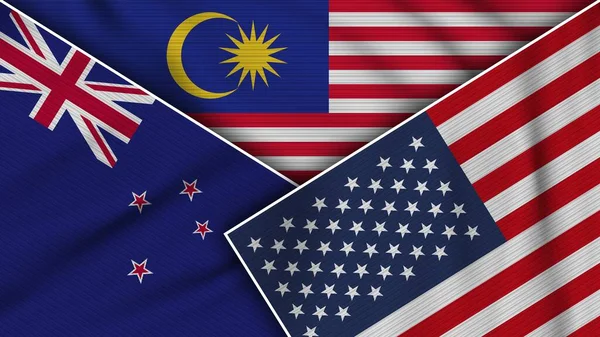 Malaysia United States America New Zealand Flags Together Fabric Texture — Stock Photo, Image