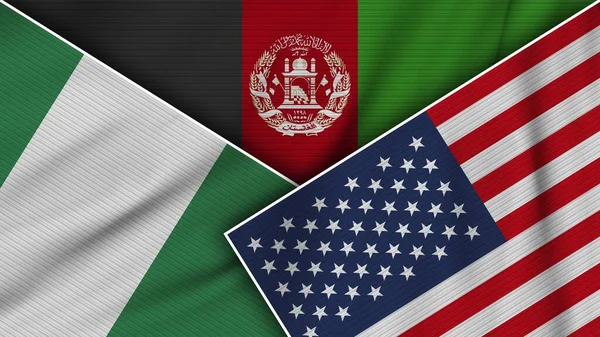 Afghanistan Stati Uniti America Nigeria Bandiere Insieme Tessuto Texture Effetto — Foto Stock