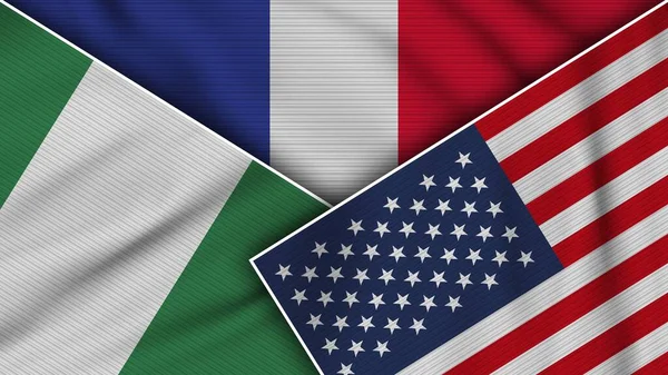 法国美利坚合众国尼日利亚国旗一起 织物纹理效果说明 — 图库照片