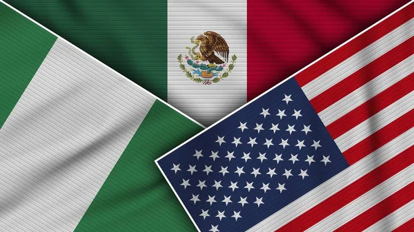 Meksyk Stany Zjednoczone Ameryki Nigeria Flagi Razem Fabric Texture Effect — Zdjęcie stockowe