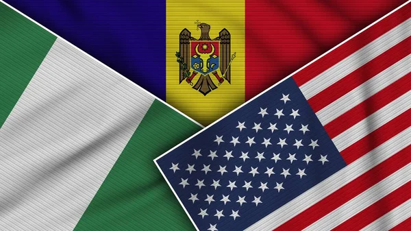 Moldova Stati Uniti America Nigeria Bandiere Insieme Tessuto Texture Effetto — Foto Stock
