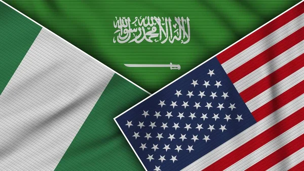 Arabia Saudita Stati Uniti America Nigeria Bandiere Insieme Tessuto Texture — Foto Stock