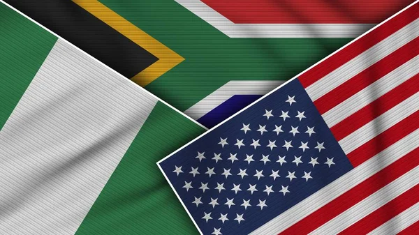 Sudafrica Stati Uniti America Nigeria Bandiere Insieme Tessuto Texture Effect — Foto Stock