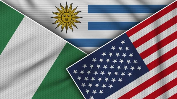 Uruguay Spojené Státy Americké Nigeria Flags Together Fabric Texture Effect — Stock fotografie