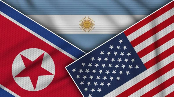 Argentina Estados Unidos América Corea Del Norte Banderas Juntas Textura —  Fotos de Stock