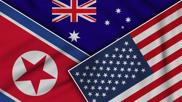 Australien Vereinigte Staaten Von Amerika Nordkorea Flaggen Zusammen Stoff Textur — Stockfoto