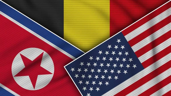 Belgien Vereinigte Staaten Von Amerika Nordkorea Flaggen Zusammen Stoff Textur — Stockfoto
