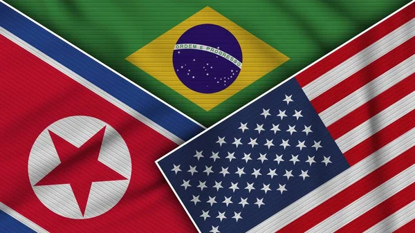 Brazília Amerikai Egyesült Államok Észak Korea Flags Together Fabric Texture — Stock Fotó
