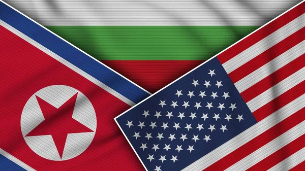 Bulgarien Vereinigte Staaten Von Amerika Nordkorea Flaggen Zusammen Stoff Textur — Stockfoto